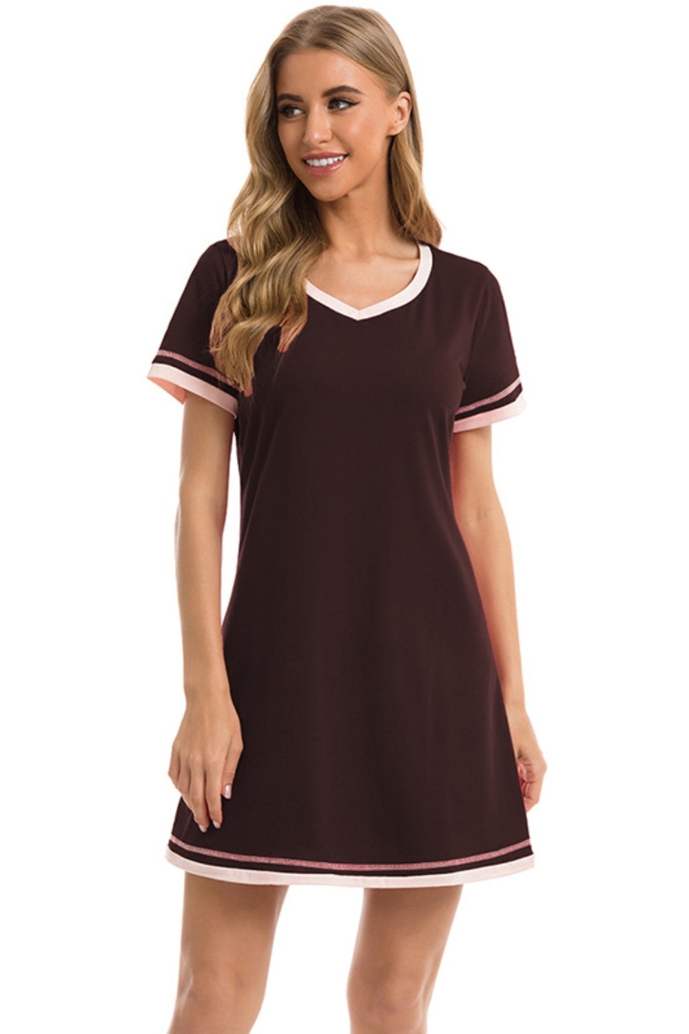 Blue Zone Planet | Contrast Trim Short Sleeve Lounge Dress-TOPS / DRESSES-[Adult]-[Female]-2022 Online Blue Zone Planet