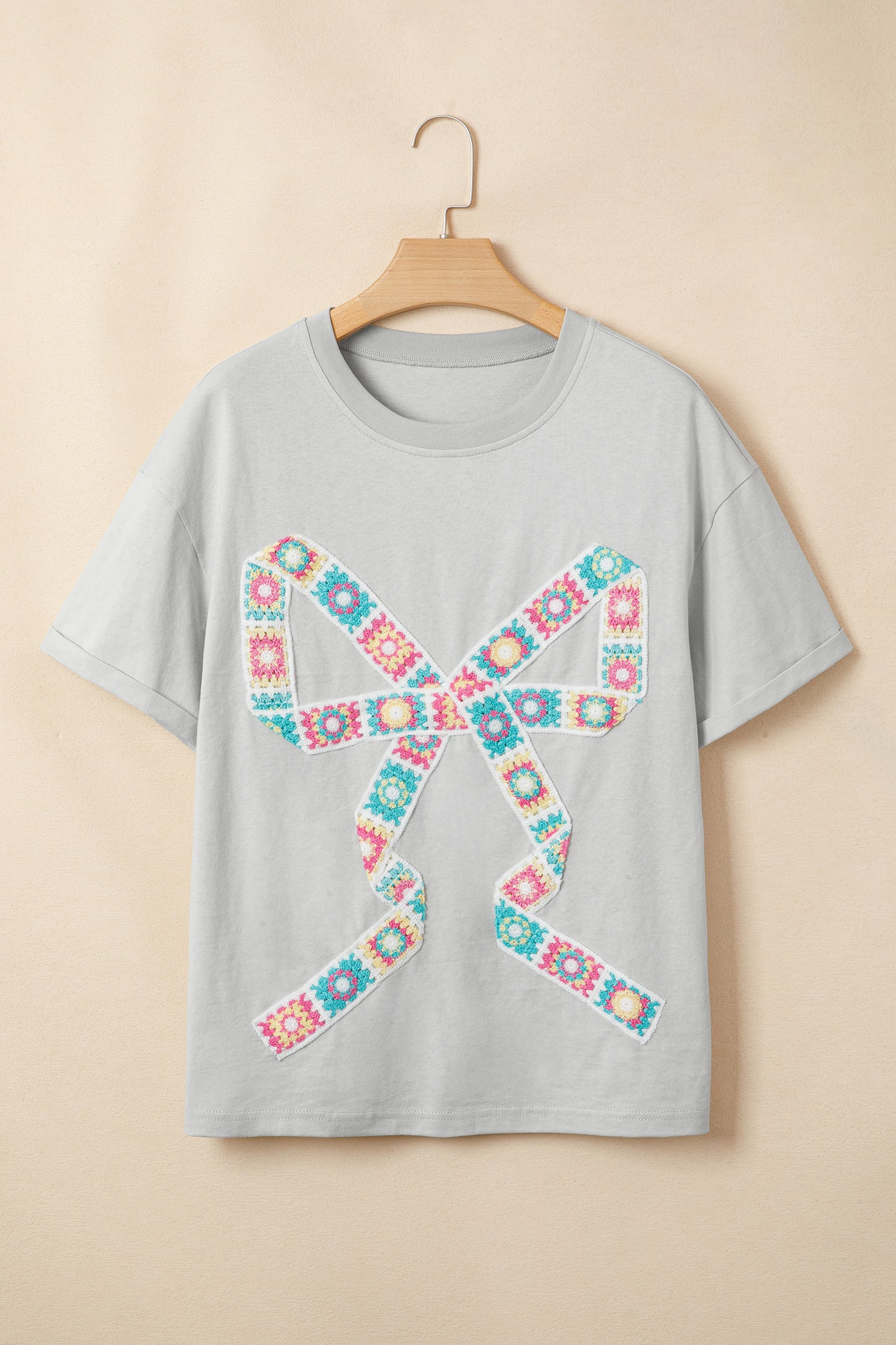 Light Grey Floral Crochet Ribbon Bow Patched Cotton T Shirt-Tops/Tops & Tees-[Adult]-[Female]-2022 Online Blue Zone Planet
