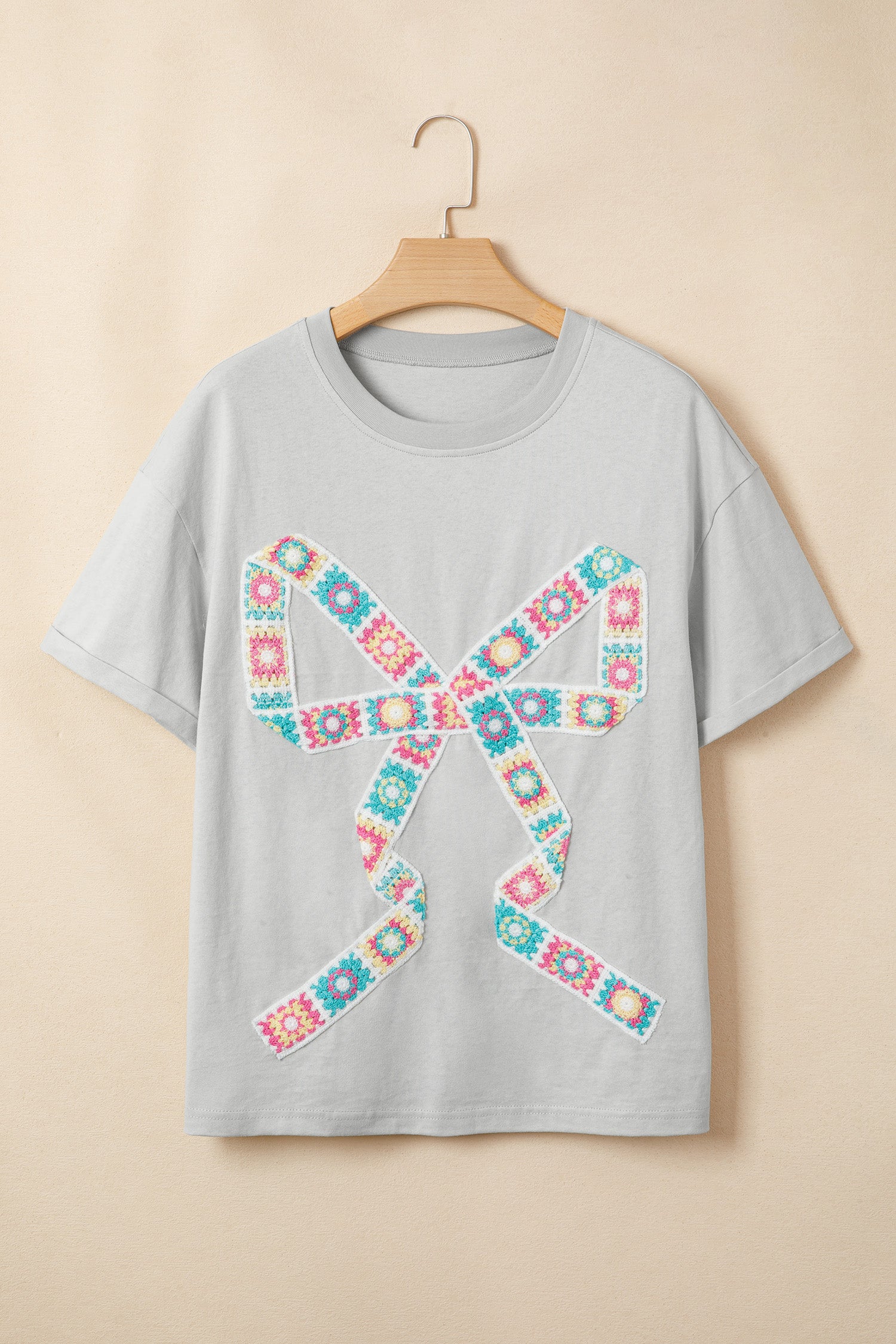 Light Grey Floral Crochet Ribbon Bow Patched Cotton T Shirt-Tops/Tops & Tees-[Adult]-[Female]-2022 Online Blue Zone Planet