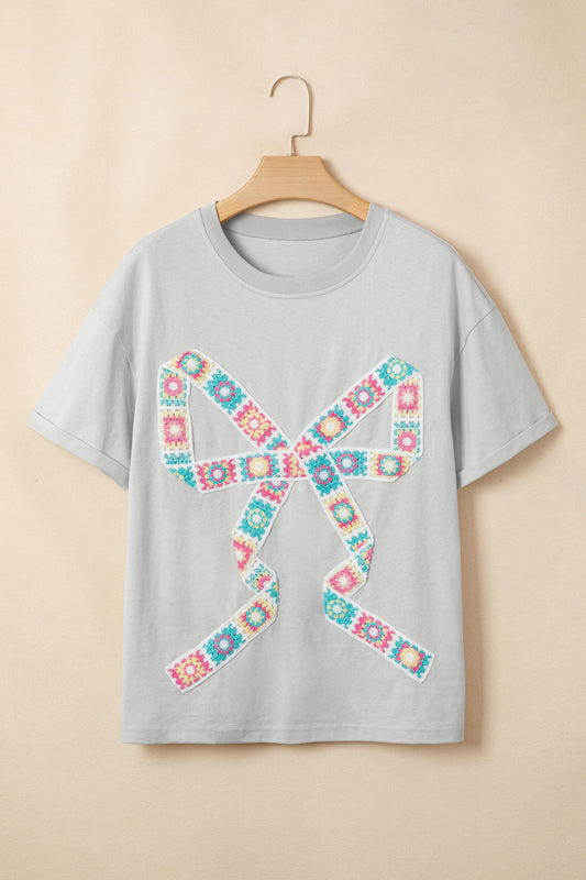 Light Grey Floral Crochet Ribbon Bow Patched Cotton T Shirt-Tops/Tops & Tees-[Adult]-[Female]-2022 Online Blue Zone Planet