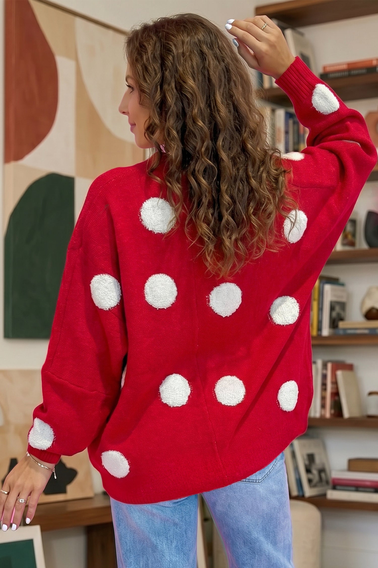 Beige Polka Dot Button Front Oversized V Neck Cardigan-Sweaters & Cardigans/Cardigans-[Adult]-[Female]-2022 Online Blue Zone Planet