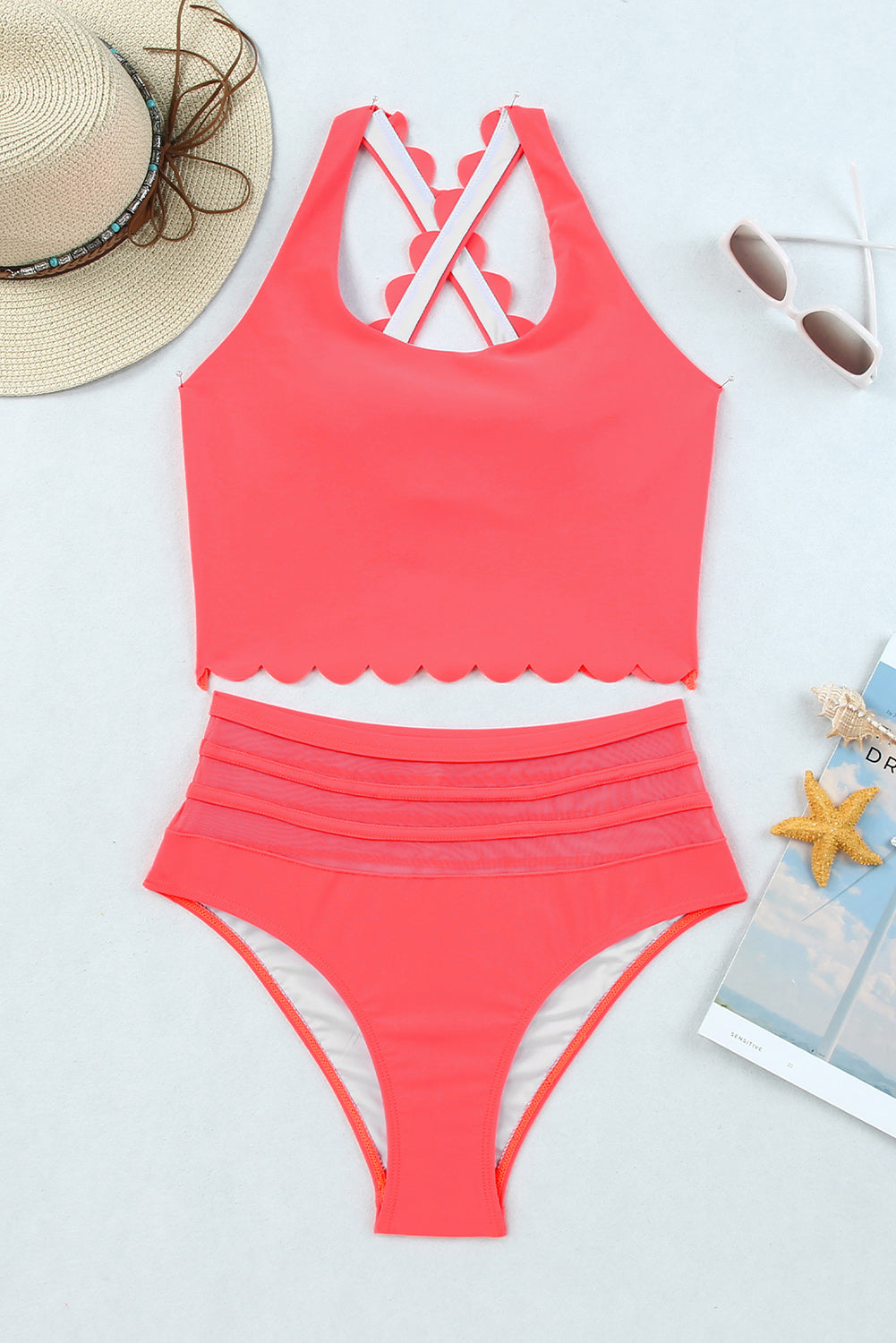 Fiery Red Scalloped Criss Cross High Waist Bikini-TOPS / DRESSES-[Adult]-[Female]-2022 Online Blue Zone Planet