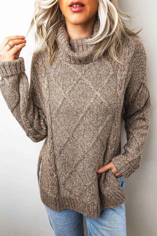 Dark Khaki High Neck Drop Shoulder Cable Knit Regular Length Sweater-Sweaters & Cardigans/Sweaters-[Adult]-[Female]-Dark Khaki-S-2022 Online Blue Zone Planet