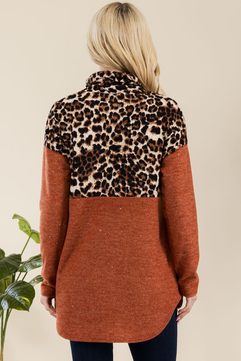 Blue Zone Planet | Celeste Full Size Curved Hem Leopard Turtleneck Long Sleeve Blouse-TOPS / DRESSES-[Adult]-[Female]-2022 Online Blue Zone Planet