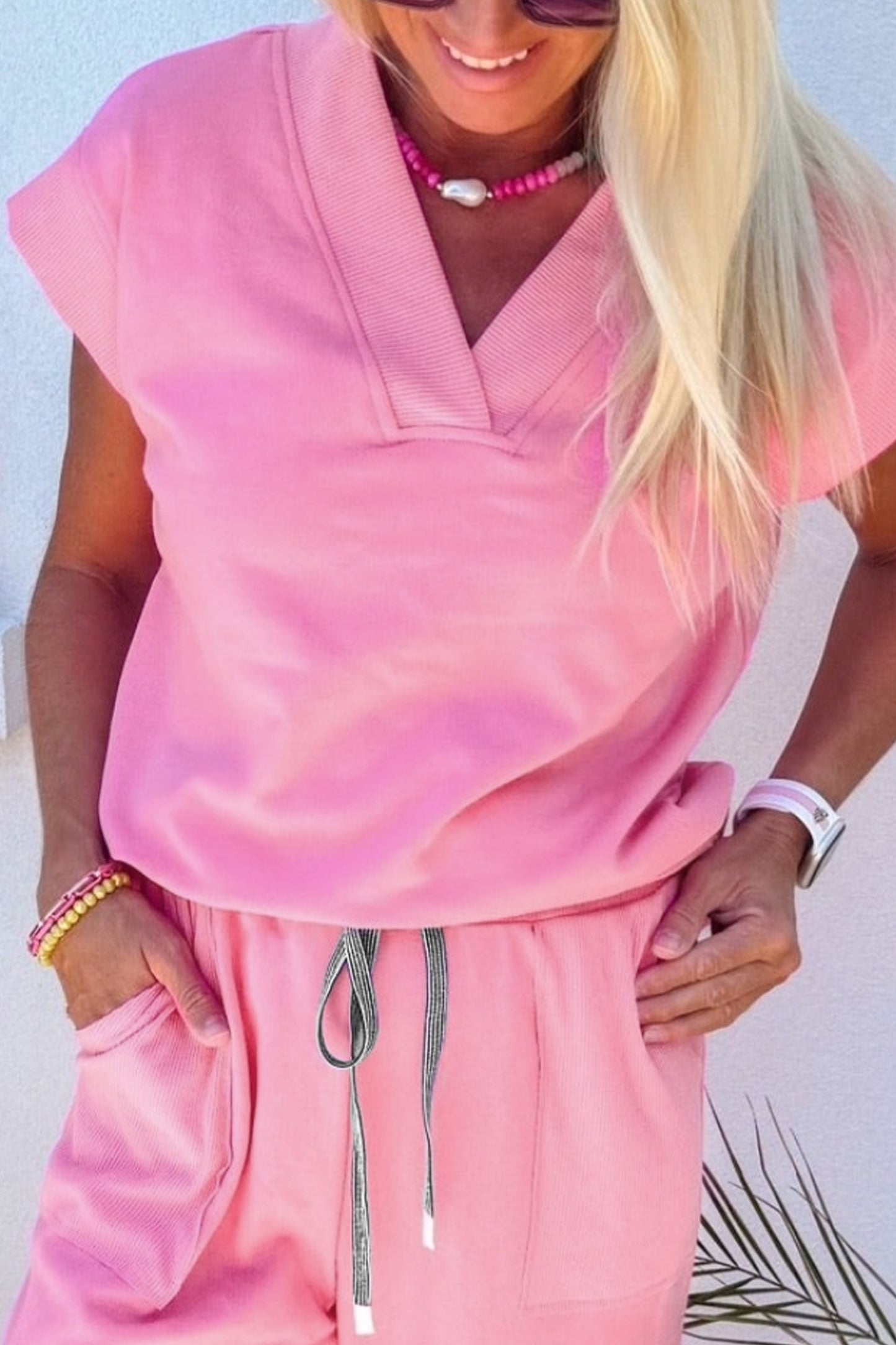 Bonbon Solid Color V Neck Tee Drawstring Pant Set