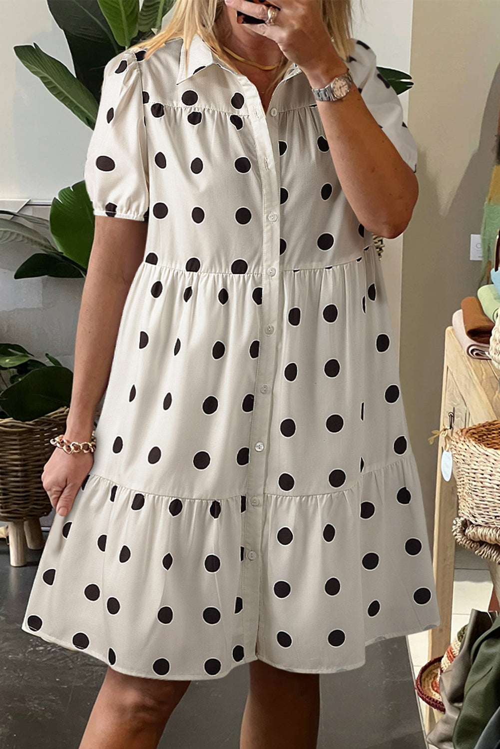 White Polka Dot Print Short Sleeve Collar Buttoned Tiered Babydoll Dress-TOPS / DRESSES-[Adult]-[Female]-White-S-2022 Online Blue Zone Planet