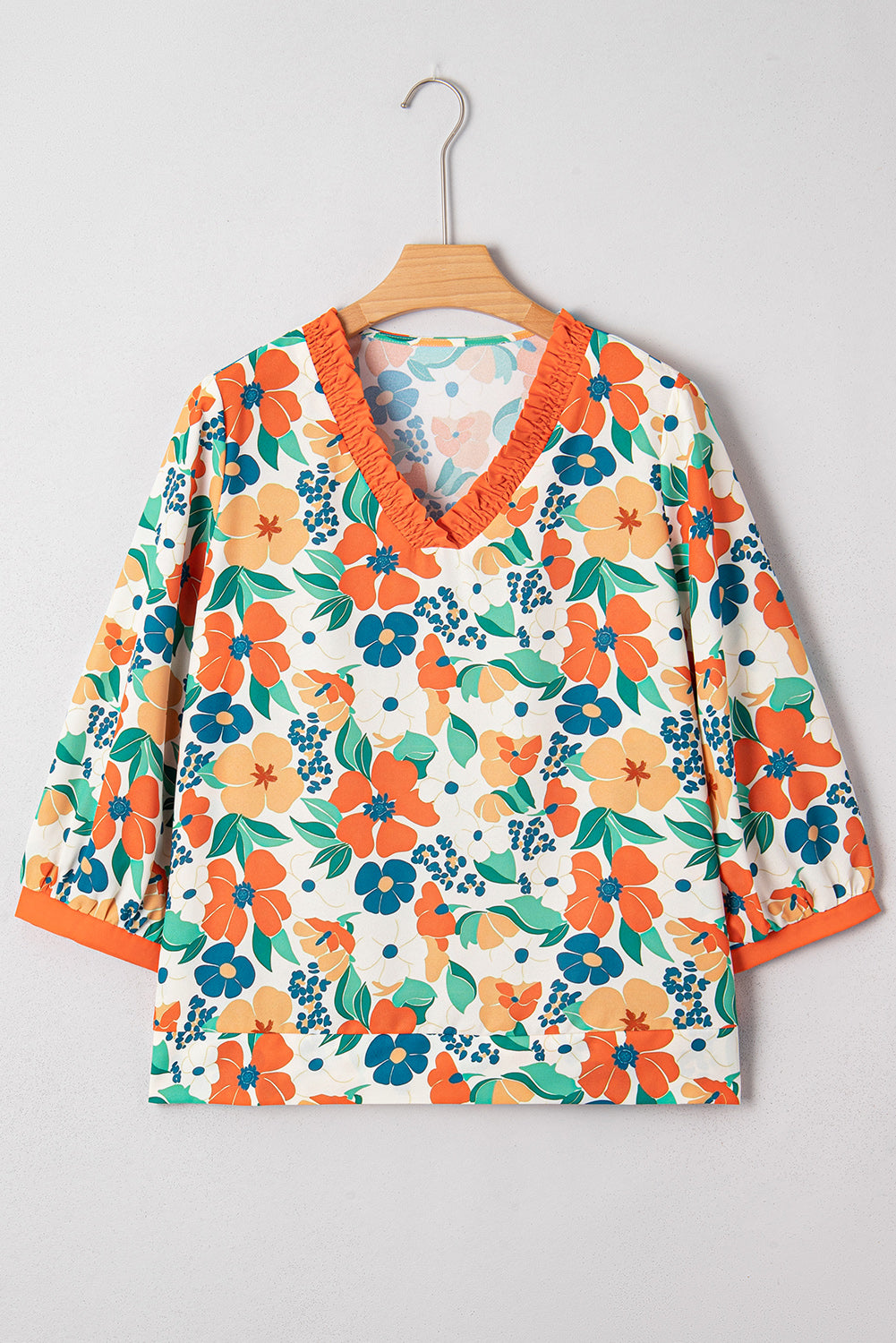 Orange Frilled V Neck Floral Print Bracelet Sleeve Blouse