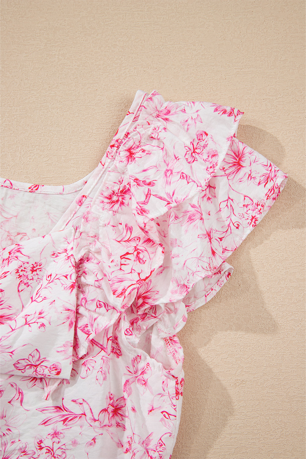 Pink Floral Ruffled Short Sleeve Bow Back Square Neck Blouse-Tops/Blouses & Shirts-[Adult]-[Female]-2022 Online Blue Zone Planet