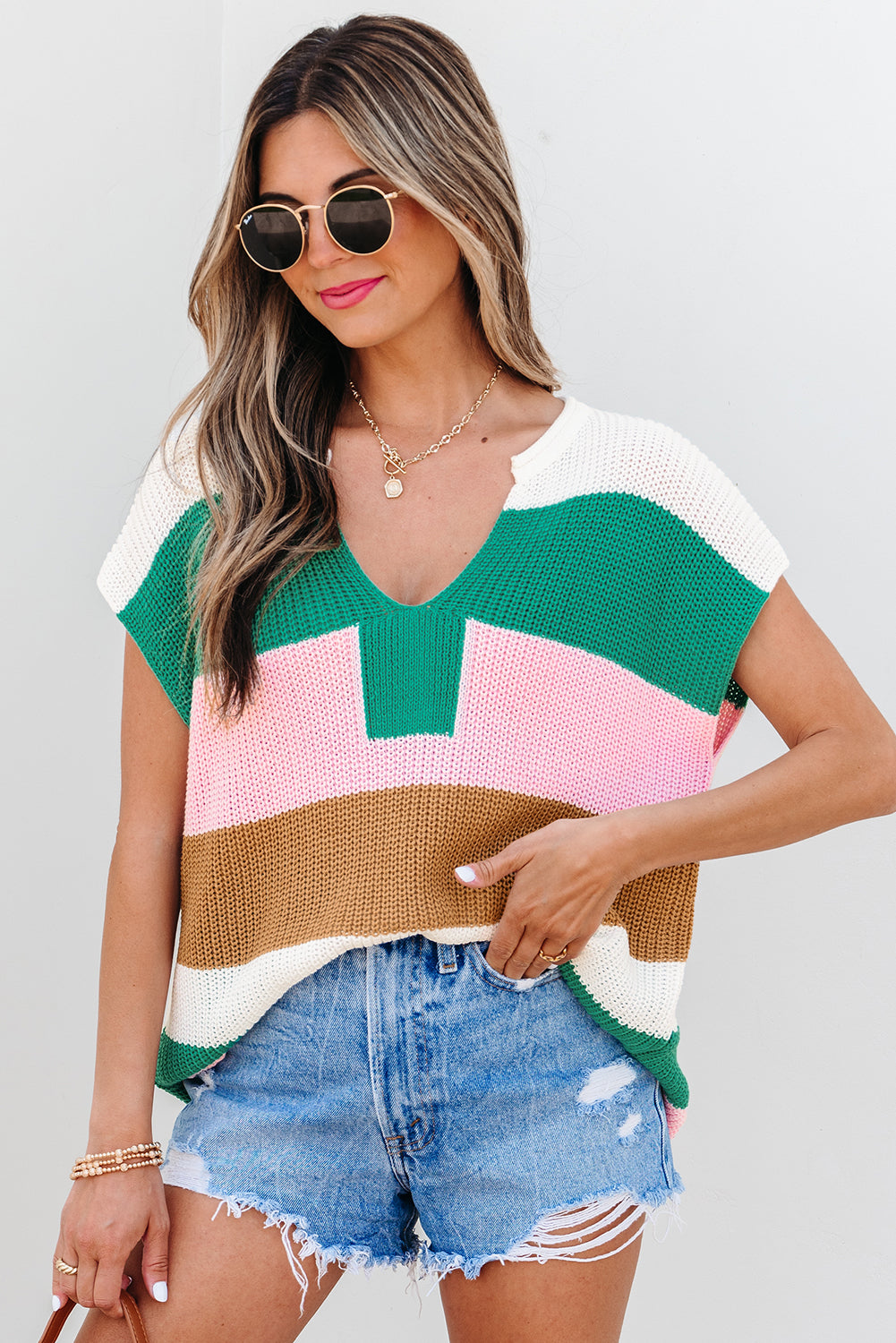 Multicolour Color Block Notch V Neck Sweater T Shirt-TOPS / DRESSES-[Adult]-[Female]-2022 Online Blue Zone Planet
