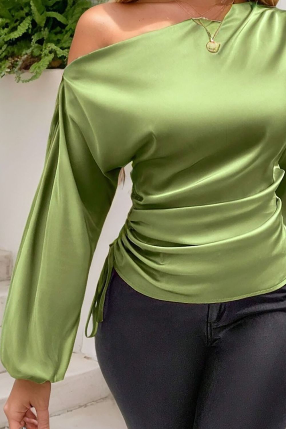 Drawstring One Shoulder Long Sleeve Blouse-TOPS / DRESSES-[Adult]-[Female]-2022 Online Blue Zone Planet