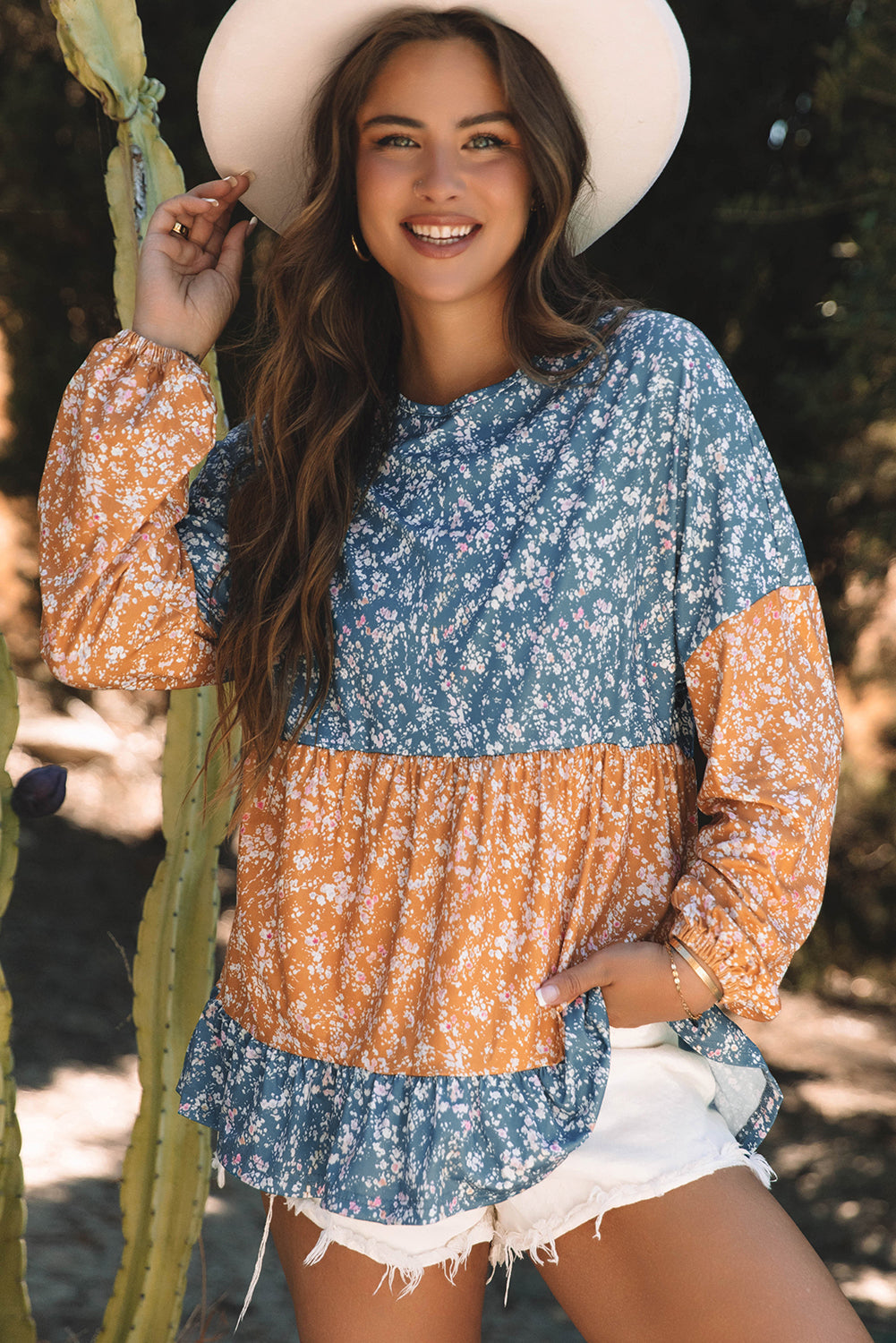 Orange Floral Color Block Patchwork Ruffled Hem Round Neck Blouse-Tops/Blouses & Shirts-[Adult]-[Female]-Orange-S-2022 Online Blue Zone Planet