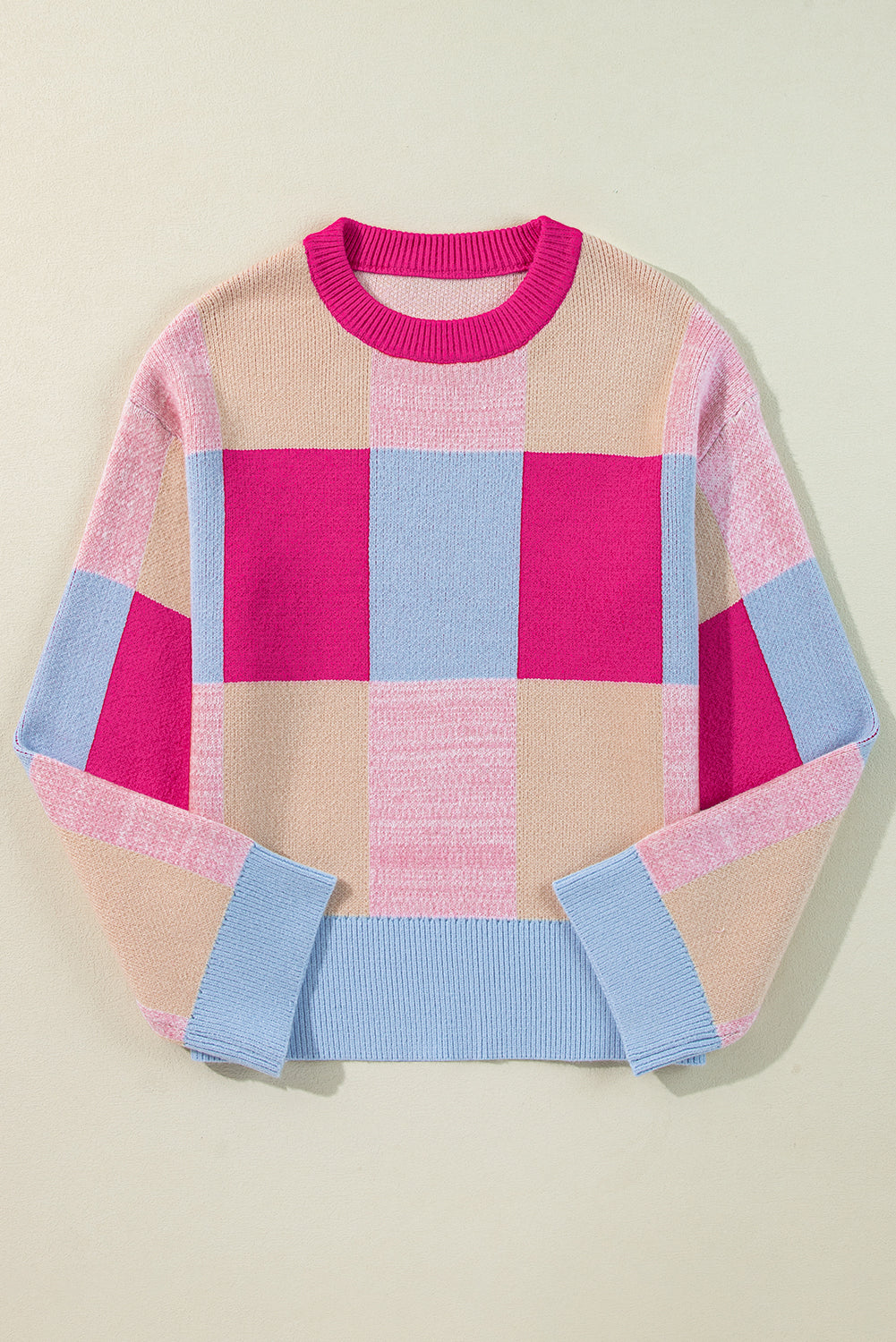 Blue Zone Planet | Rose Red Color Block Drop Shoulder Crewneck Loose Fit Sweater-Sweaters & Cardigans/Sweaters-[Adult]-[Female]-2022 Online Blue Zone Planet