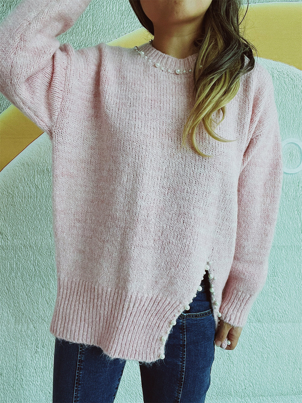 Slit Pearl Trim Round Neck Long Sleeve Sweater-TOPS / DRESSES-[Adult]-[Female]-Blush Pink-One Size-2022 Online Blue Zone Planet