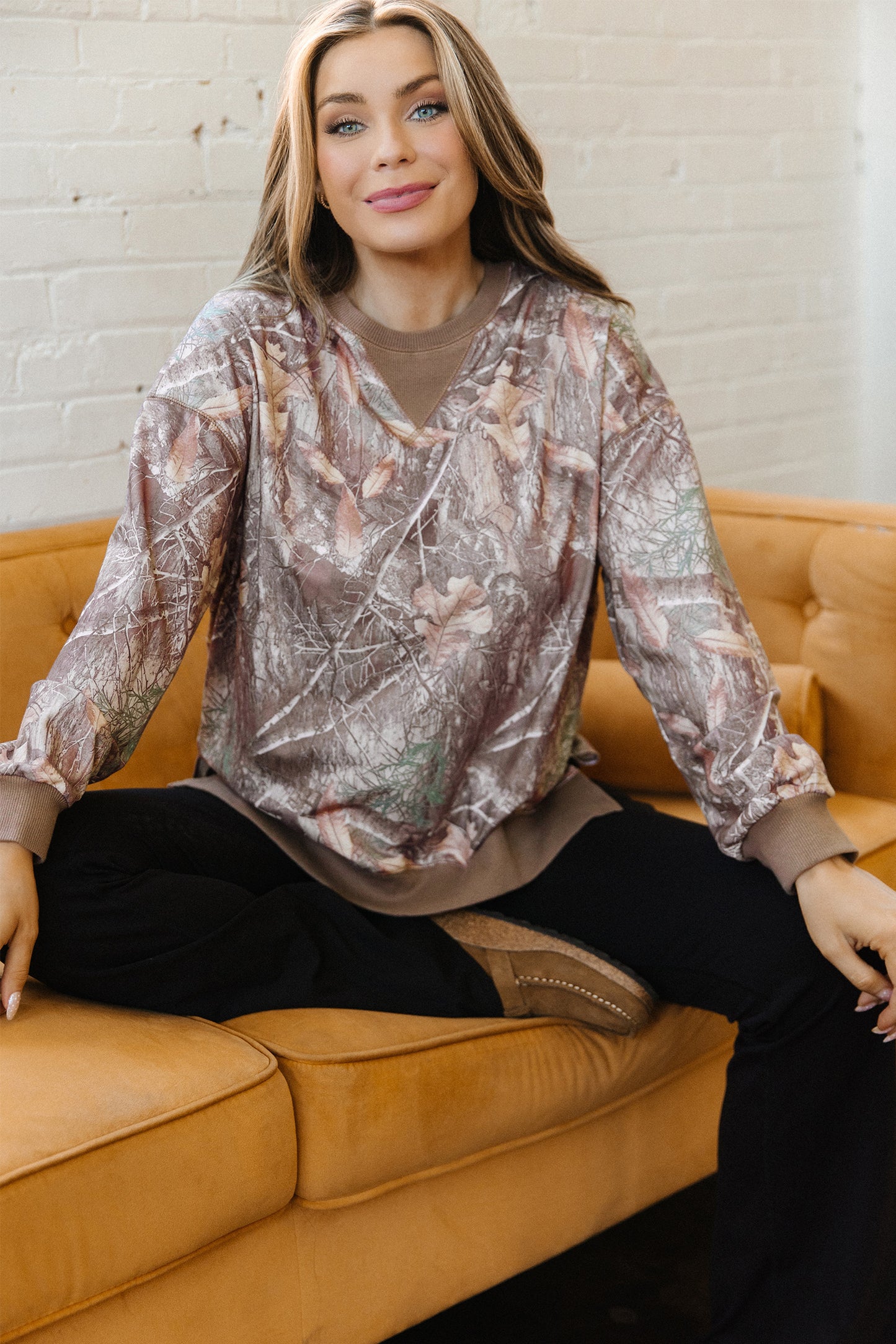 Brown Abstract Camo Print Color Block Detail Baggy Pullover Sweatshirt-Tops/Sweatshirts & Hoodies-[Adult]-[Female]-2022 Online Blue Zone Planet