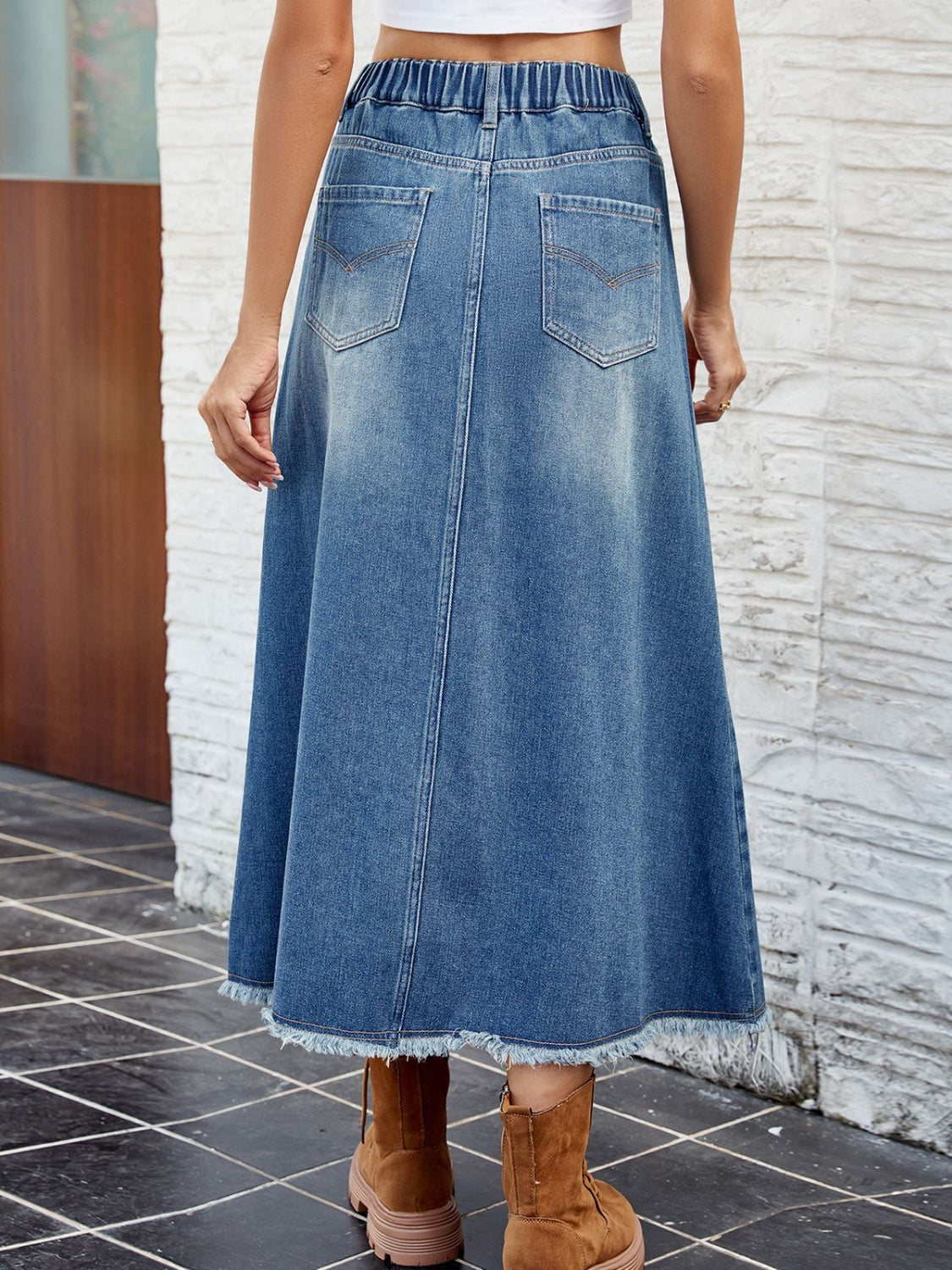 Raw Hem Buttoned Denim Skirt with Pockets-BOTTOMS SIZES SMALL MEDIUM LARGE-[Adult]-[Female]-2022 Online Blue Zone Planet