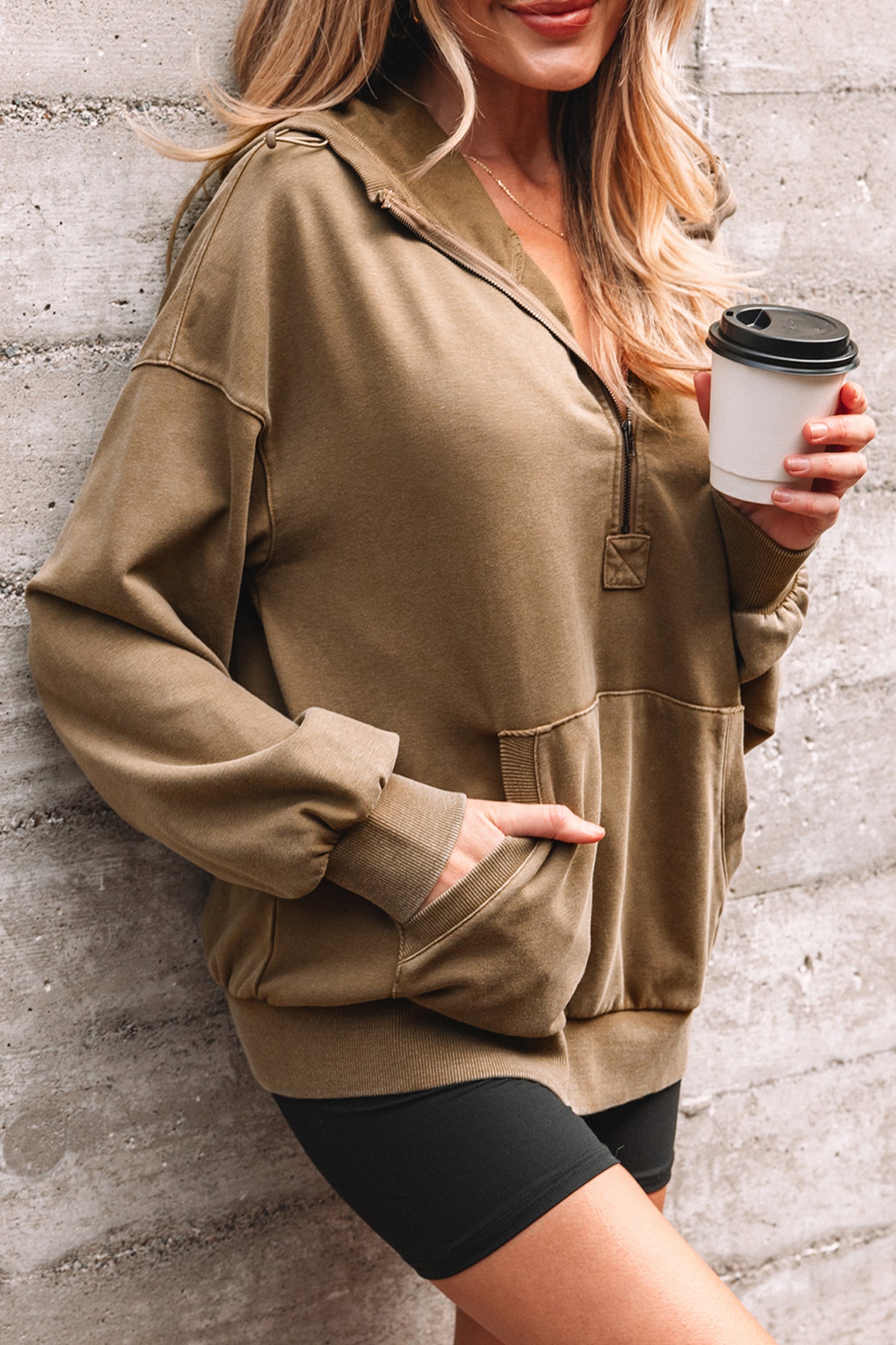 Elmwood Half Zip Kangaroo Pocket Mineral Wash Baggy Hoodie-Tops / Dresses-[Adult]-[Female]-2022 Online Blue Zone Planet