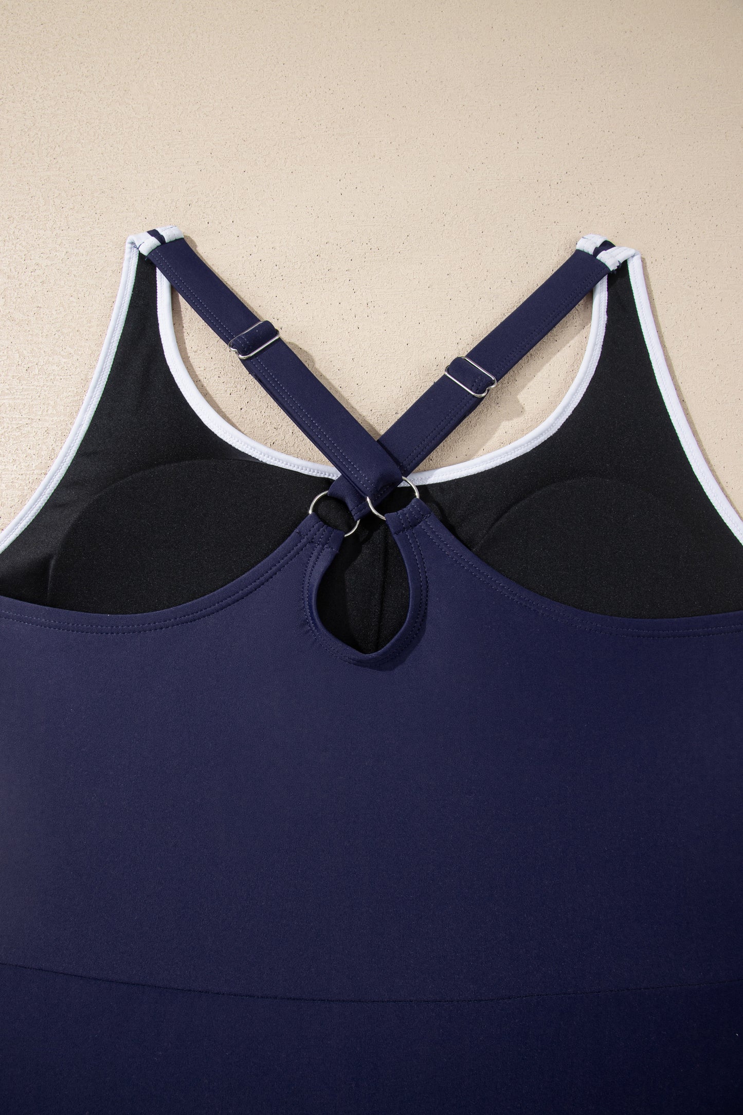 Navy Blue Contrast Edge Ruffled High Waist One Piece Swim Dress