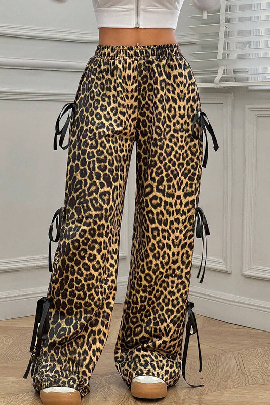 Brown Leopard Print Bow Tie Drawstring Elastic Waist Loose High Waist Pants-Bottoms/Pants & Culotte-[Adult]-[Female]-Brown-S-2022 Online Blue Zone Planet