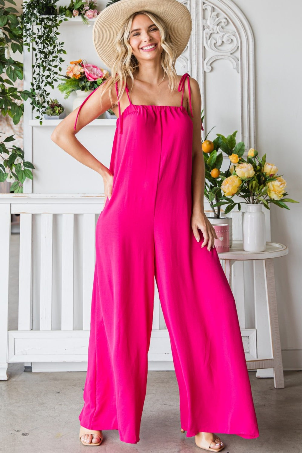 Veveret Pocketed Spaghetti Strap Wide Leg Jumpsuit-TOPS / DRESSES-[Adult]-[Female]-2022 Online Blue Zone Planet