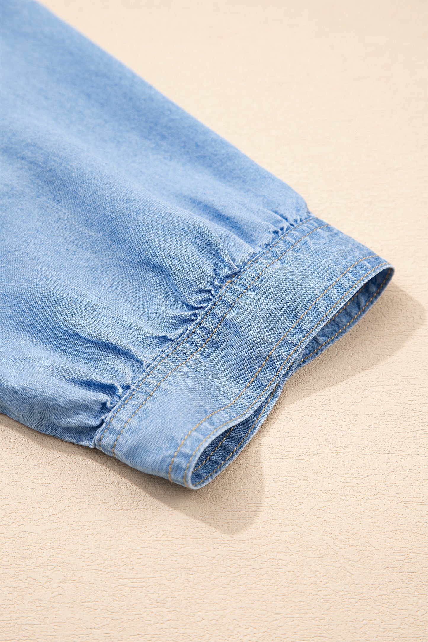 Beau Blue Half Sleeve Button Down Ruffled High Low Chambray Shirt-Tops/Blouses & Shirts-[Adult]-[Female]-2022 Online Blue Zone Planet