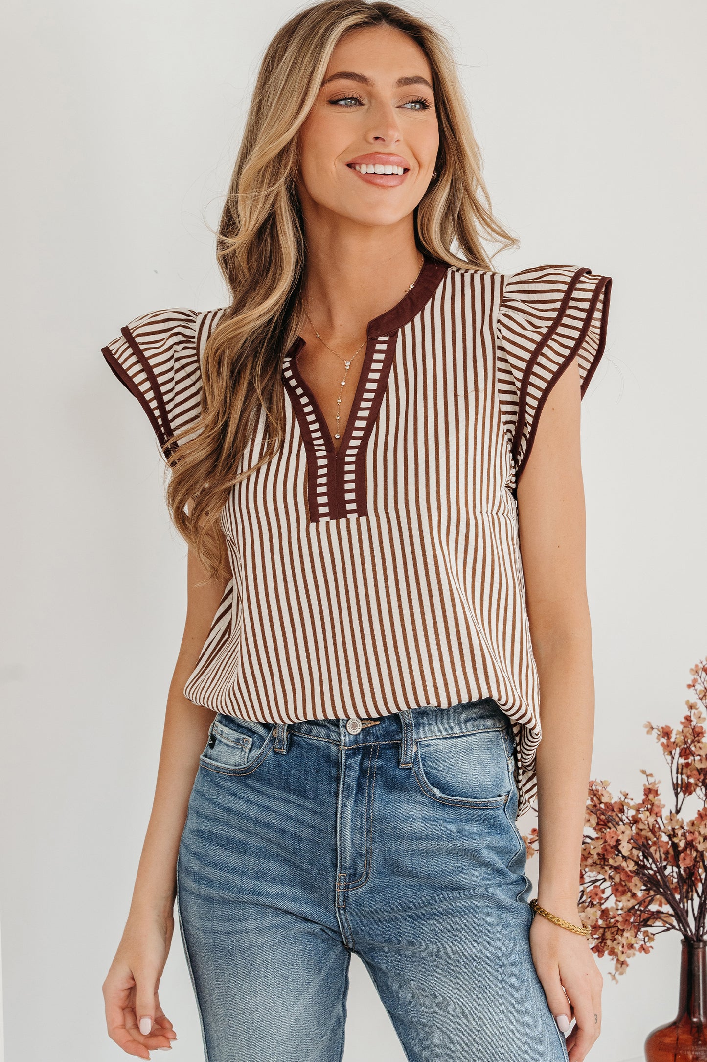 Khaki Stripe Double Ruffled Short Sleeve V Neck Blouse-Tops/Blouses & Shirts-[Adult]-[Female]-2022 Online Blue Zone Planet