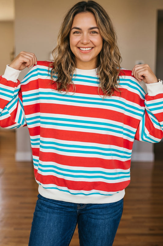 Red Stripe Striped Colorblock Long Sleeve Round Neck Tunic Plus Size Sweatshirt-Plus Size/Plus Size Sweatshirts & Hoodies-[Adult]-[Female]-Red Stripe-1X-2022 Online Blue Zone Planet