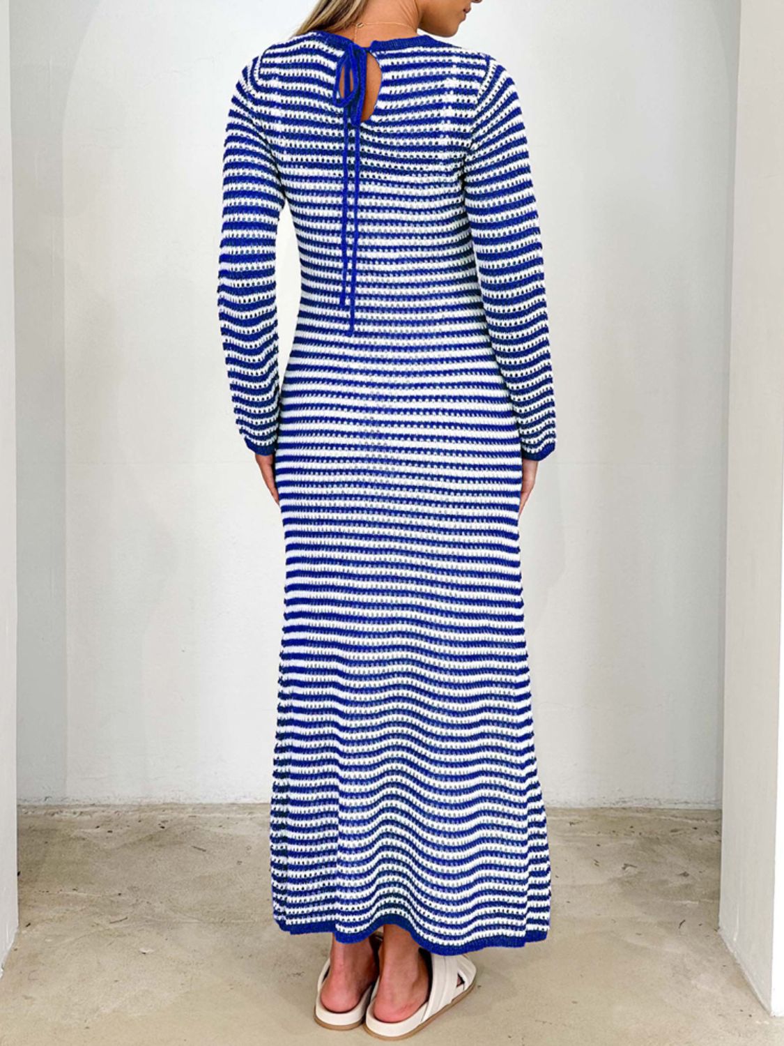 Devine Tied Round Neck Striped Sweater Dress-TOPS / DRESSES-[Adult]-[Female]-2022 Online Blue Zone Planet