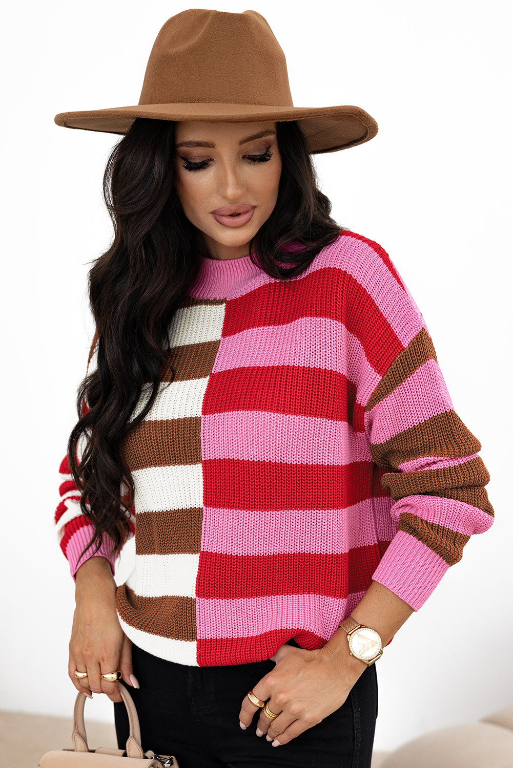 Blue Zone Planet |  Pink Stripe Color Block High Neck Drop Shoulder Loose Sweater