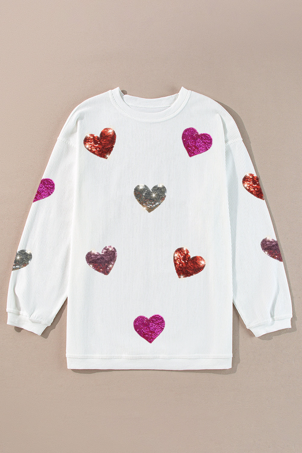 White Valentines Heart Patched Pattern Corded Pullover Sweatshirt-Graphic Sweatshirts-[Adult]-[Female]-2022 Online Blue Zone Planet