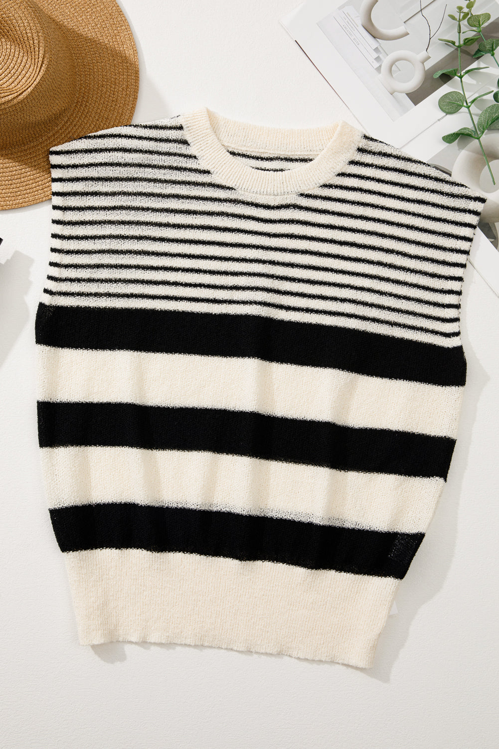 Blue Zone Planet | Black White Striped Sleeveless Knit Top-Knit Tops-[Adult]-[Female]-2022 Online Blue Zone Planet