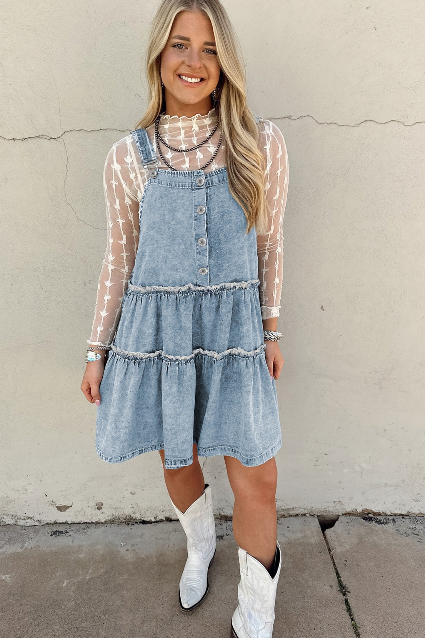Dusk Blue Light Wash Tiered Flowy Overall Denim Dress-TOPS / DRESSES-[Adult]-[Female]-2022 Online Blue Zone Planet