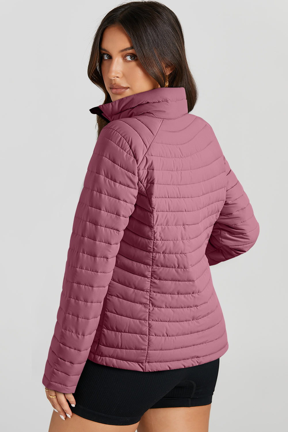 Burgundy Solid Color Quilted Zip-up Puffer Jacket-Outerwear/Coats-[Adult]-[Female]-2022 Online Blue Zone Planet