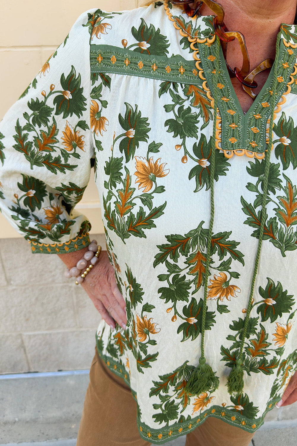Green Plus Size Floral Printed Contrast Patchwork Detail Tassel Tie 3/4 Sleeve Blouse-Plus Size/Plus Size Tops/Plus Size Blouses & Shirts-[Adult]-[Female]-2022 Online Blue Zone Planet