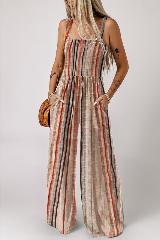 Yellow Stripe Square Neck Sleeveless Smocked Bodice Wide Leg Jumpsuit-Bottoms/Jumpsuits & Rompers-[Adult]-[Female]-Yellow Stripe-S-2022 Online Blue Zone Planet