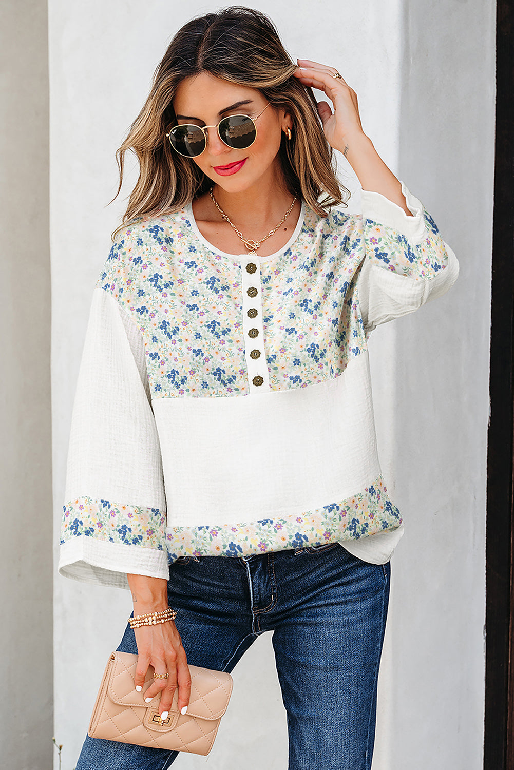 Sky Blue Floral Print Gauze Patchwork Henley Button 3/4 Sleeve Blouse-Tops/Blouses & Shirts-[Adult]-[Female]-2022 Online Blue Zone Planet