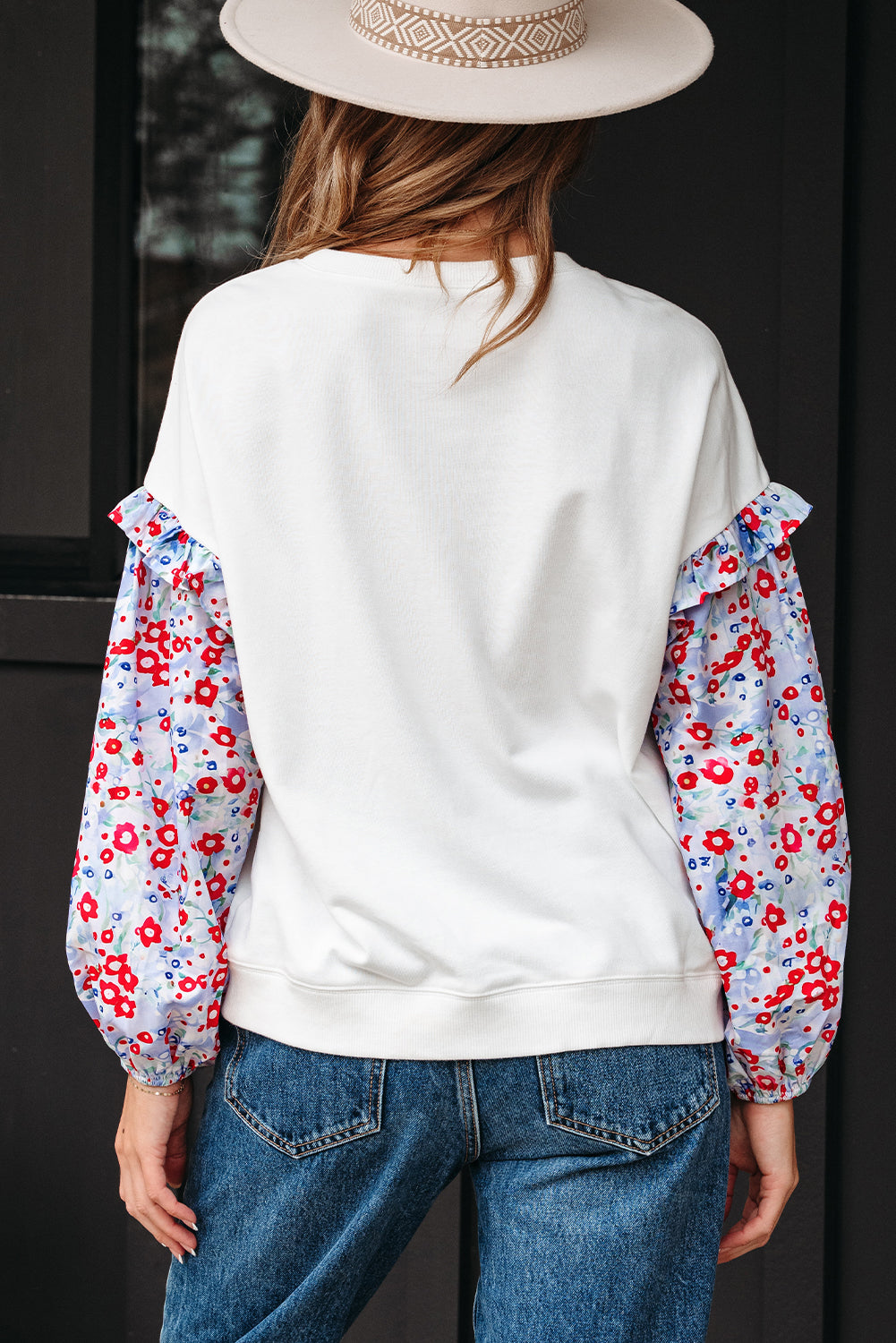 White Floral Ruffled Balloon Sleeve Patchwork Loose Blouse-Tops/Blouses & Shirts-[Adult]-[Female]-2022 Online Blue Zone Planet