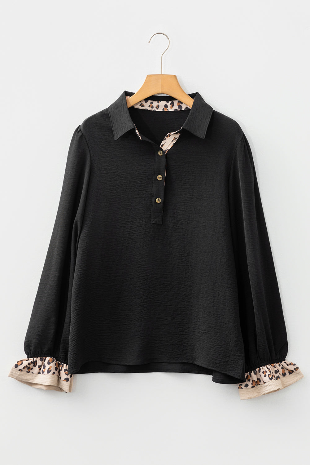 Black Contrast Leopard Print Patchwork Polo Collar Buttons Front Ruffled Long Sleeve Blouse-Tops/Blouses & Shirts-[Adult]-[Female]-2022 Online Blue Zone Planet