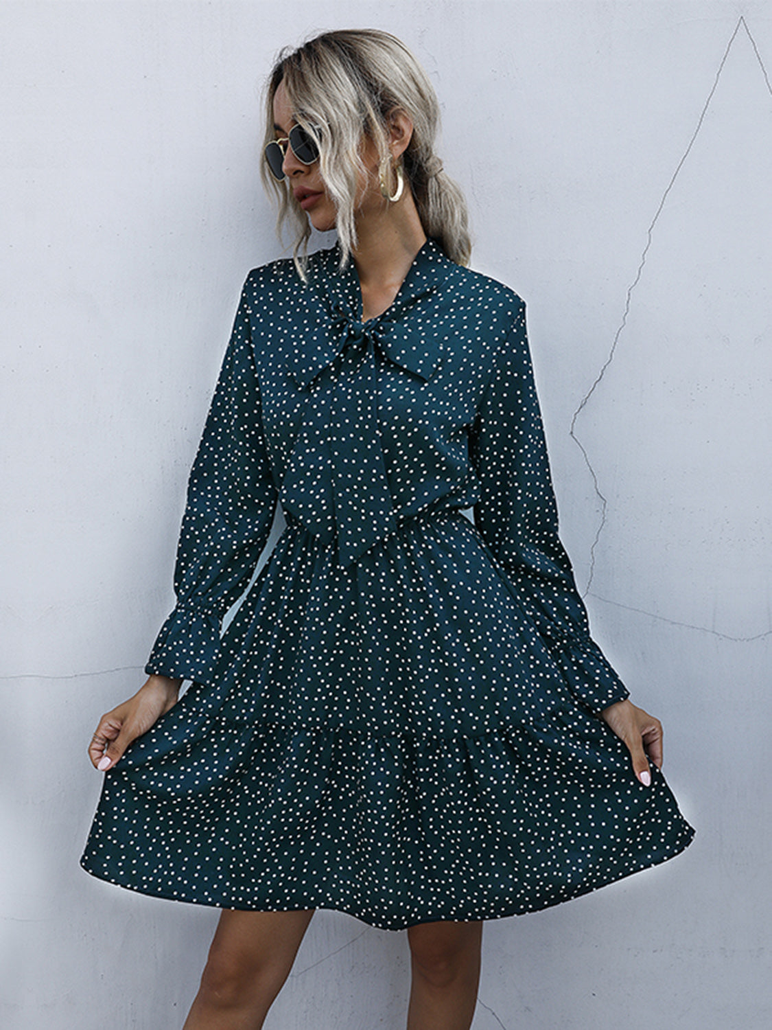 Perfee Polka Dot Tie Neck Long Sleeve Dress-TOPS / DRESSES-[Adult]-[Female]-Black Forest-S-2022 Online Blue Zone Planet