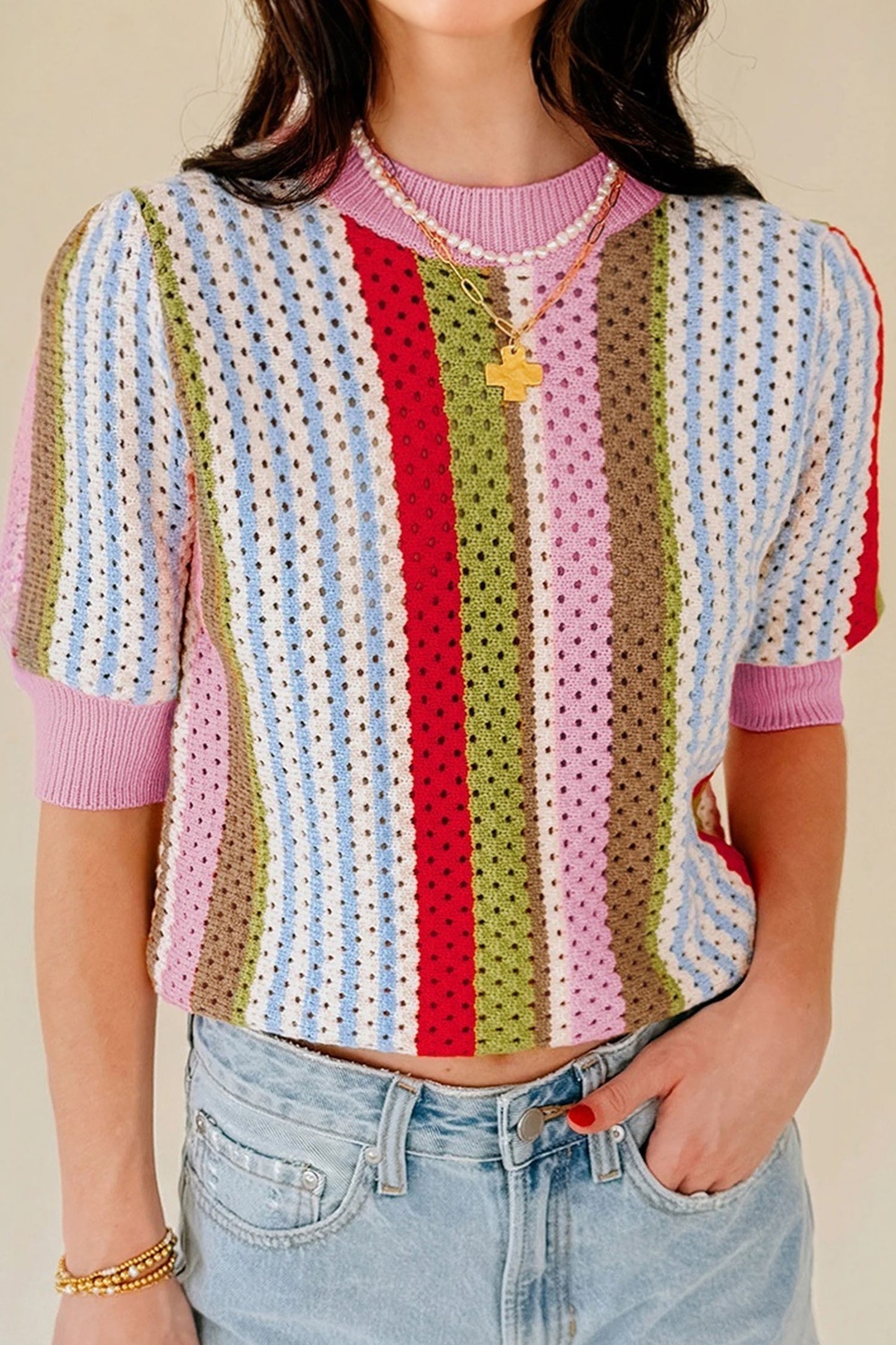 Multicolour Striped Pointelle Knit Short Sleeve Sweater-TOPS / DRESSES-[Adult]-[Female]-2022 Online Blue Zone Planet