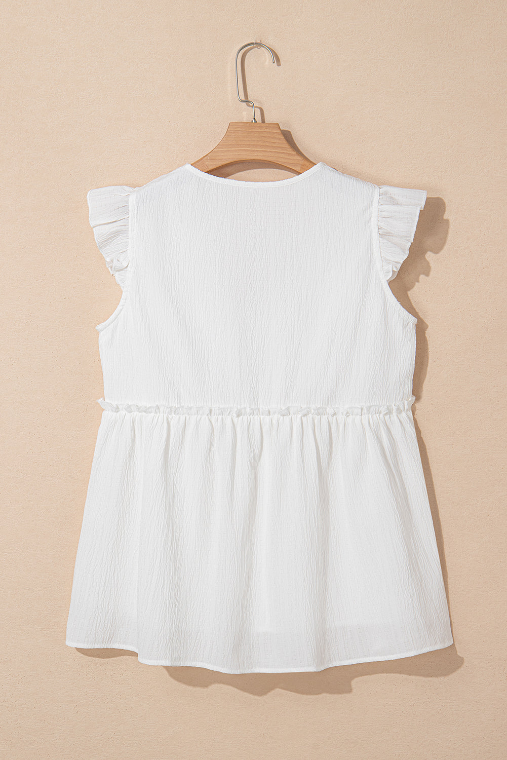 White Textured Ruffled Trim V Neck Flutter Flowy Top-Tops/Blouses & Shirts-[Adult]-[Female]-2022 Online Blue Zone Planet