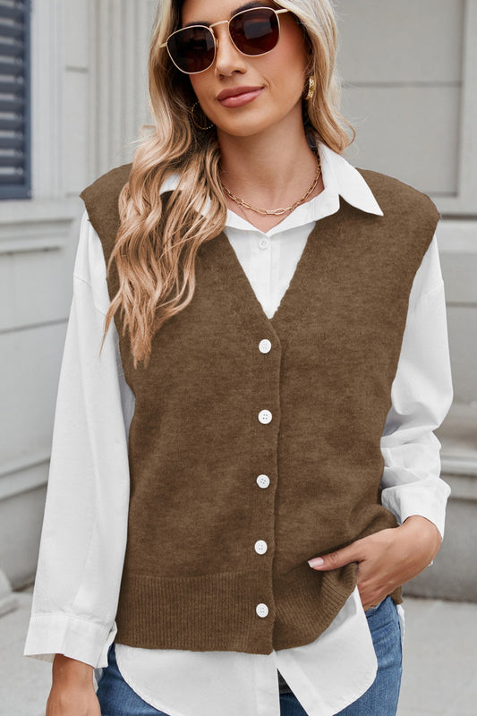 Blue Zone Planet | Button Down V-Neck Sweater Vest-TOPS / DRESSES-[Adult]-[Female]-Taupe-S-2022 Online Blue Zone Planet