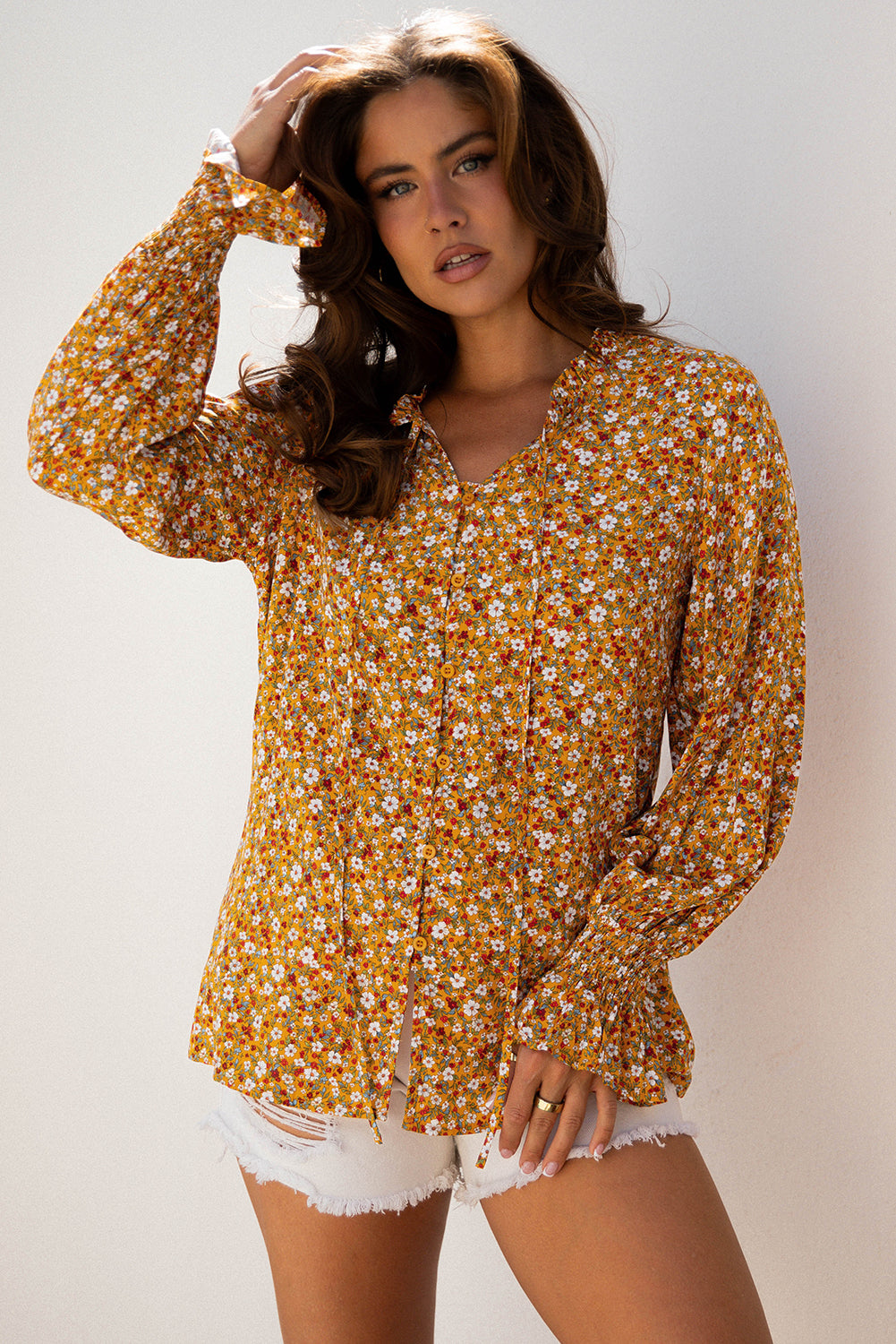 Orange Boho Floral Ruffled Bubble Sleeve V Neck Fall Blouse-Tops/Blouses & Shirts-[Adult]-[Female]-2022 Online Blue Zone Planet