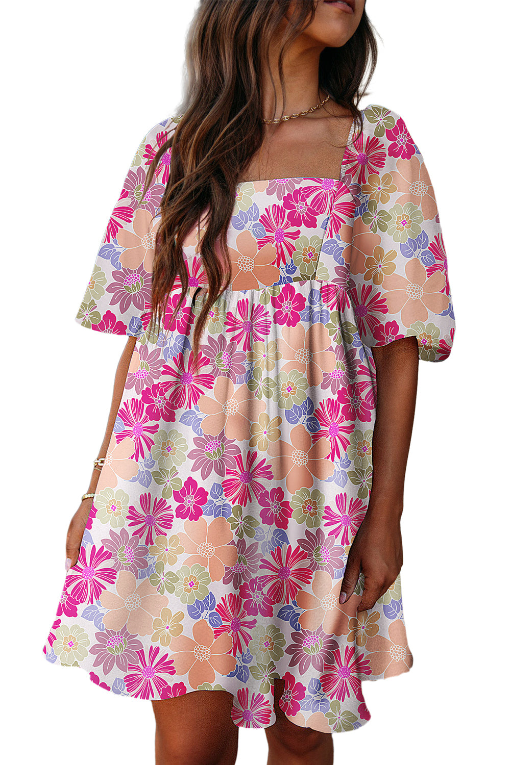 Blue Zone Planet |  Rose Summer Floral Square Neck Puff Sleeve Babydoll Dress Blue Zone Planet