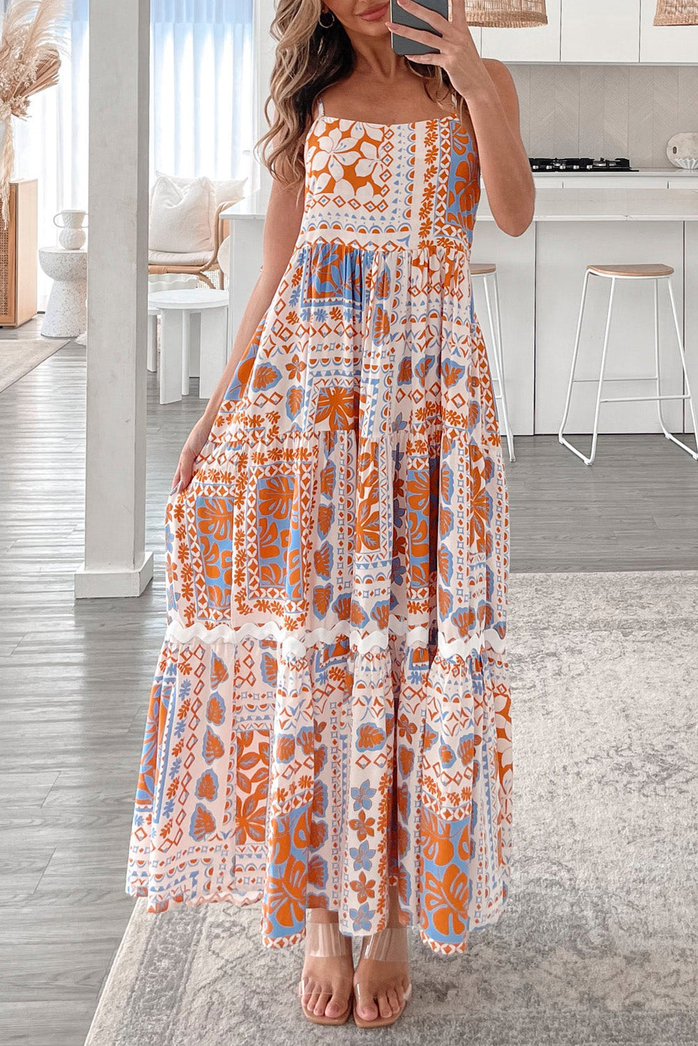 Orange Multi Printed Ricrac Trim Spaghetti Straps Maxi Dress-TOPS / DRESSES-[Adult]-[Female]-Orange-S-2022 Online Blue Zone Planet