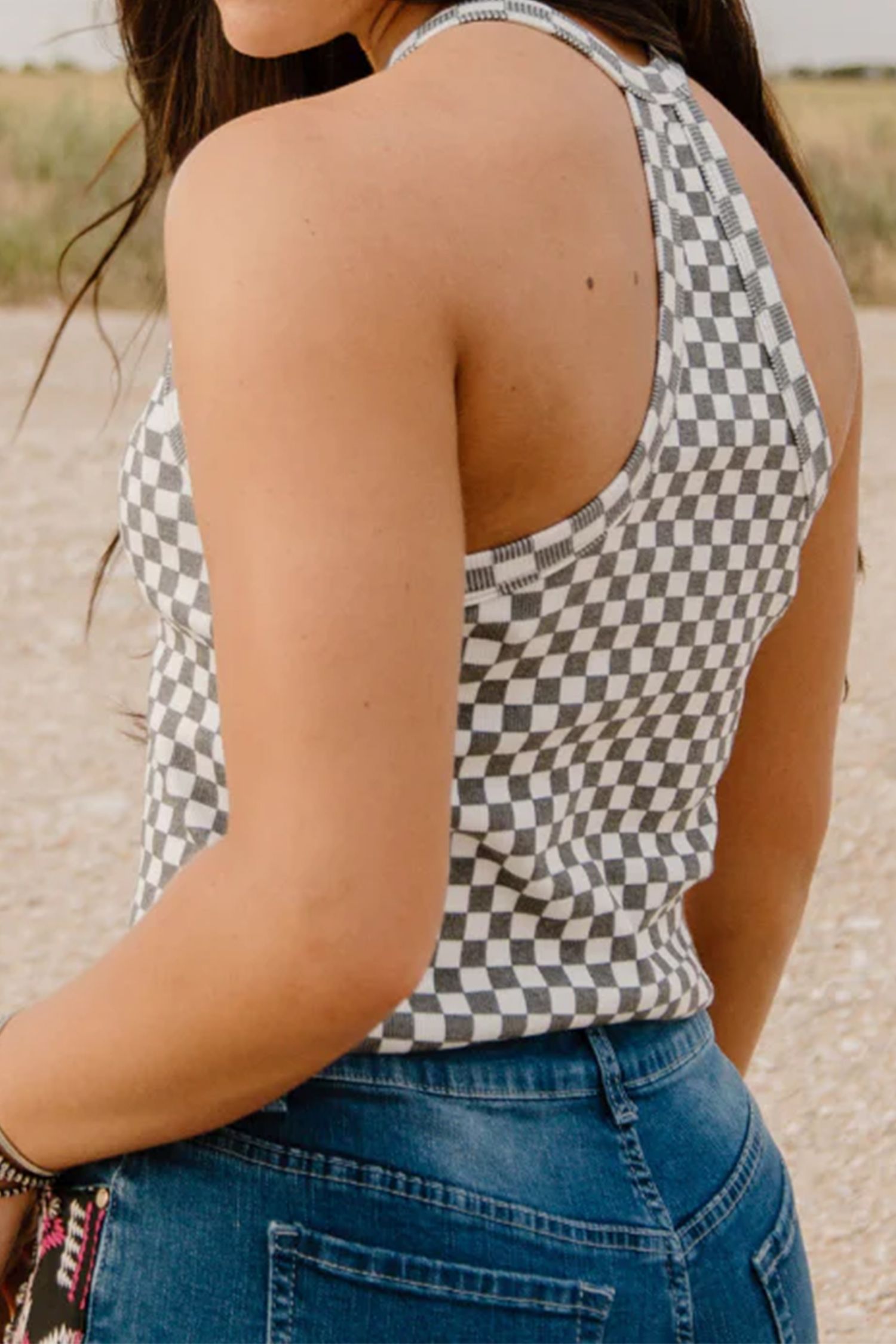 Gray Checkered Print Textured Halter Tank Top-Tops/Tank Tops-[Adult]-[Female]-2022 Online Blue Zone Planet