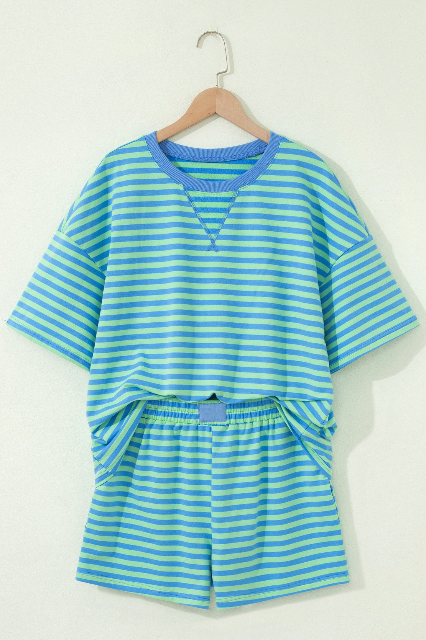 Green Stripe Striped Ribbed Cotton Two-Piece Pant Set with Chest Patch Detail-Two Piece Sets/Short Sets-[Adult]-[Female]-2022 Online Blue Zone Planet