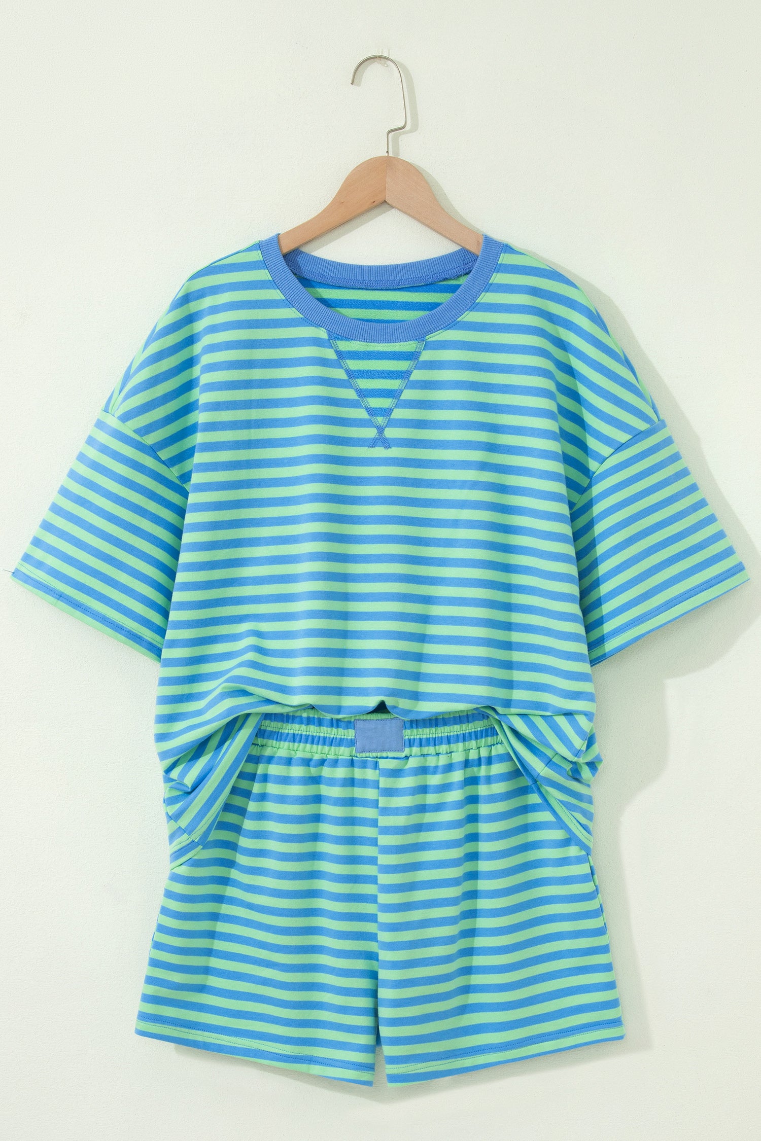 Green Stripe Striped Ribbed Cotton Two-Piece Pant Set with Chest Patch Detail-Two Piece Sets/Short Sets-[Adult]-[Female]-2022 Online Blue Zone Planet