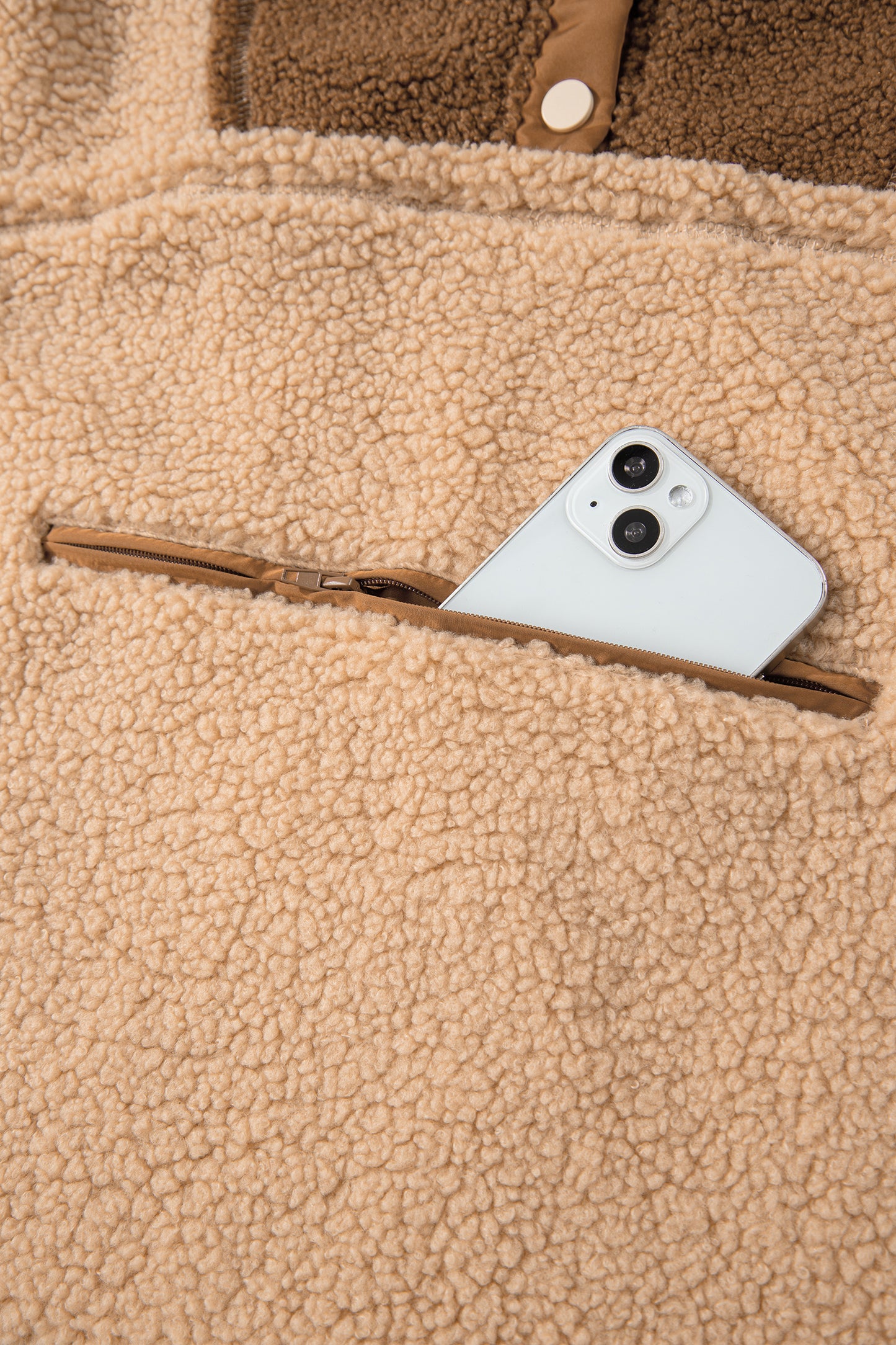 Straw Yellow 2-tone Color Block Patchwork Half Button Sherpa Sweatshirt-Tops/Sweatshirts & Hoodies-[Adult]-[Female]-2022 Online Blue Zone Planet