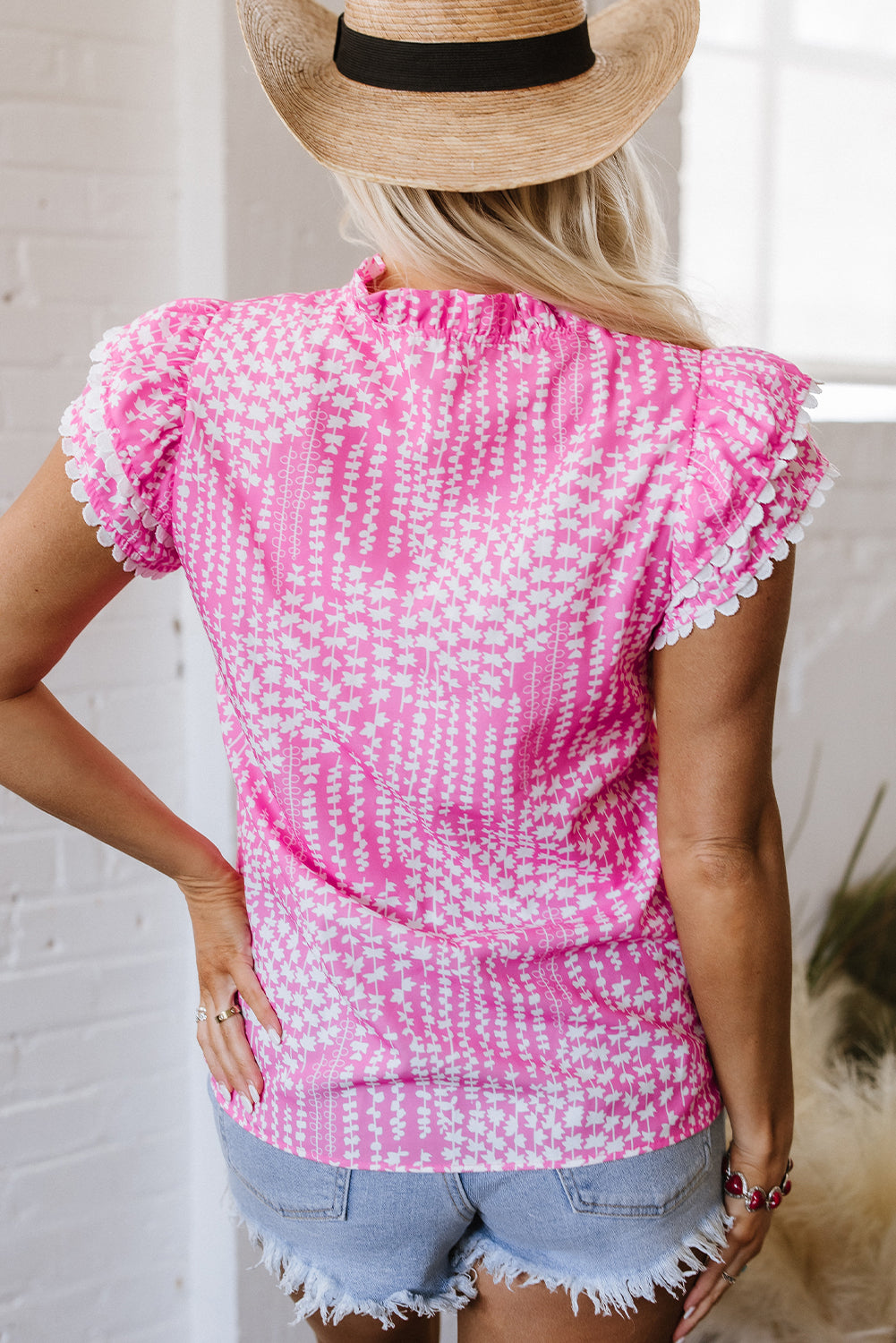 Blue Zone Planet | Pink Abstract Print Ric Rac Trim Flutter Sleeve Notch V Neck Blouse-Tops/Blouses & Shirts-[Adult]-[Female]-2022 Online Blue Zone Planet