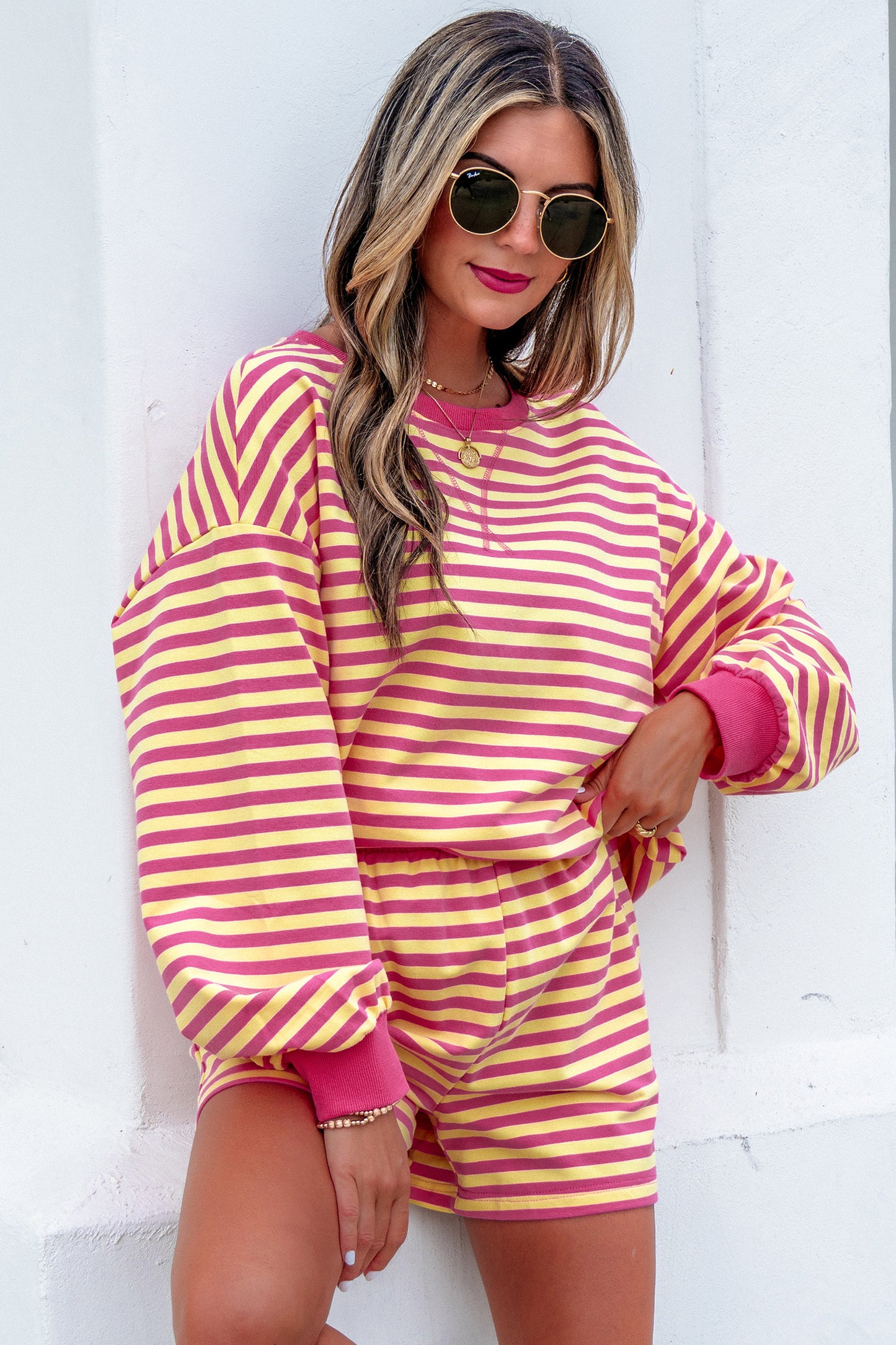 Yellow Stripe Color Block Trim Round Neck Long Sleeve Top Casual Shorts 2pcs Set-Two Piece Sets/Short Sets-[Adult]-[Female]-2022 Online Blue Zone Planet